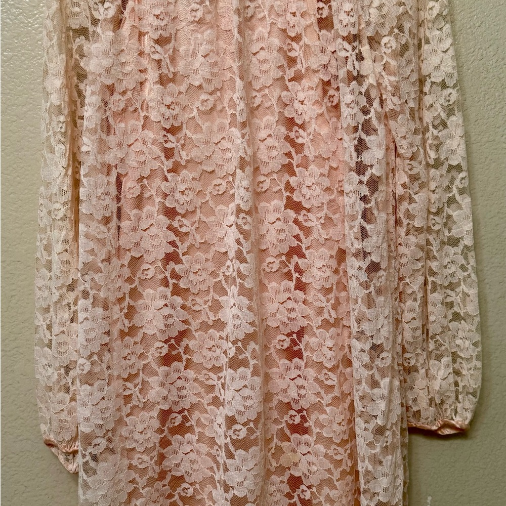 Vintage Silk Lined AOP Pink Lace Floral Long Sleeve Dress.Cottagecore, Fairycore